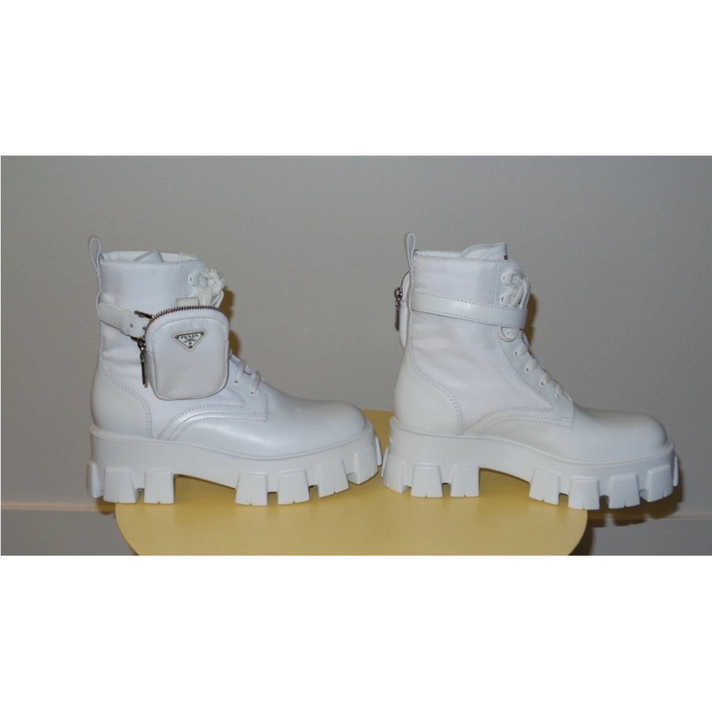PRADA MONOLITH WHITE LEATHER BIKER BOOTS - Picture 3 of 12